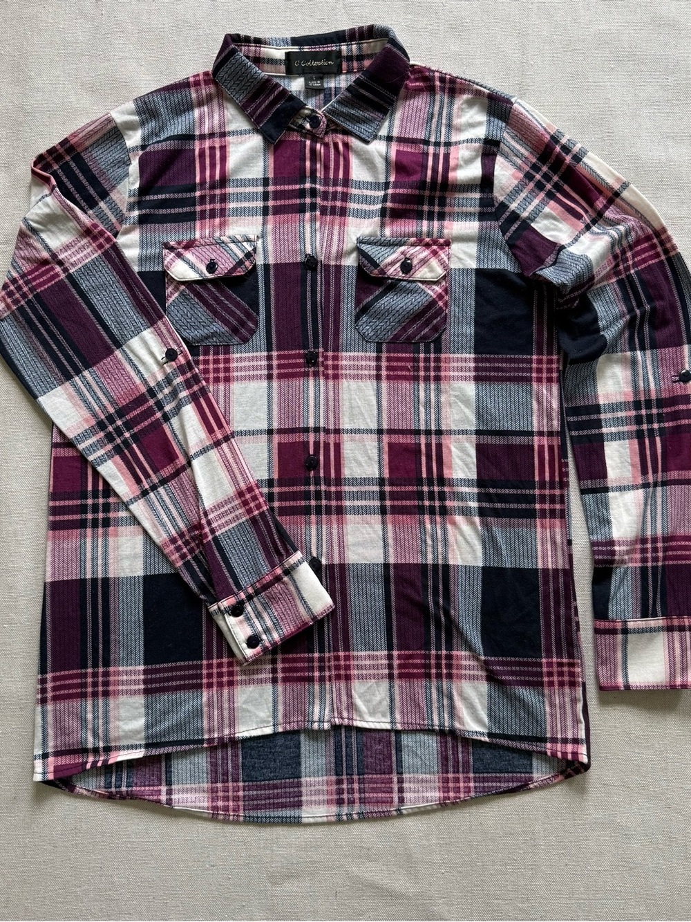 Burgundy Plaid Button Down Shirt Small Long Sleeve High Low Fall Top